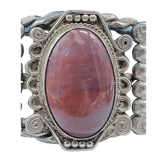Agate Sterling Silver Open Cuff Bracelet Red Cabachon Detailed 925 Design SZ 6 - Picture 15 of 16